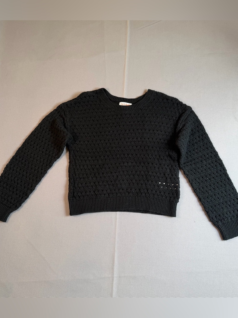 Cat & Jack Girls szS (6-7) Black Open Knit Textured Crewneck Sweater